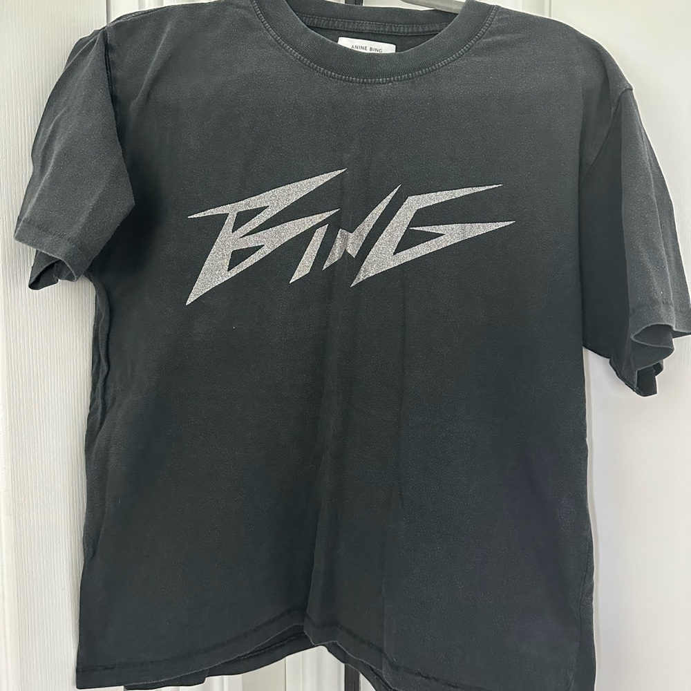 Anine Bing Charcoal Tee with Silver Graphic